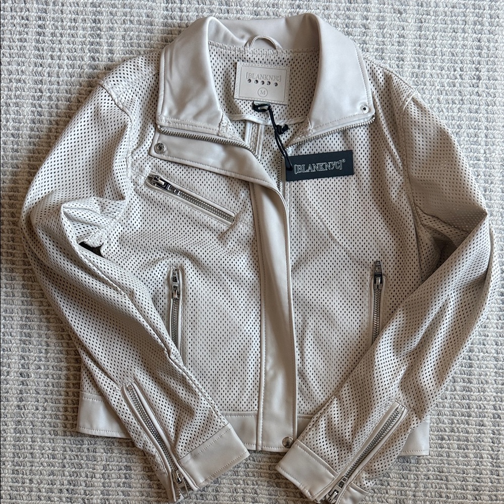 Blanc Noir Women's Beige Perforated Leather Jacket